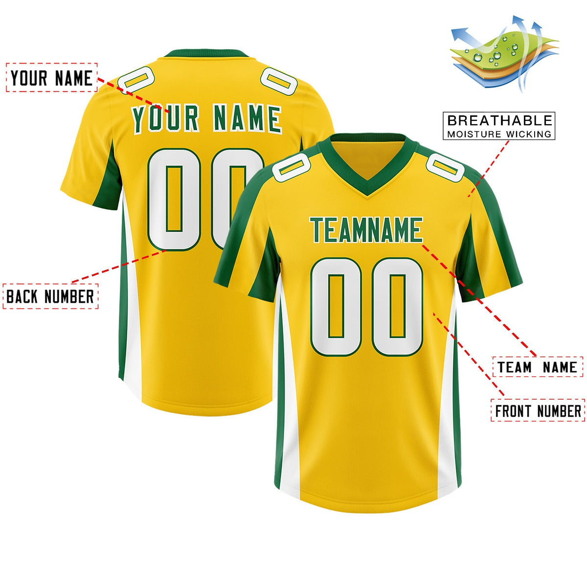 Custom Gold Kelly Green Side Stripe Pattern Authentic American Football Jersey