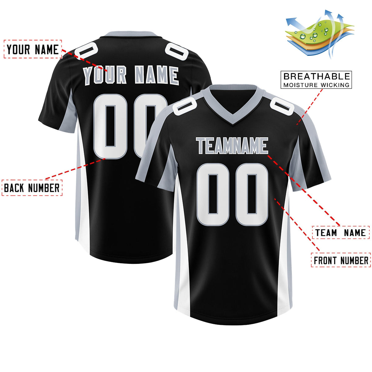 Custom Black Silver Side Stripe Pattern Authentic American Football Jersey