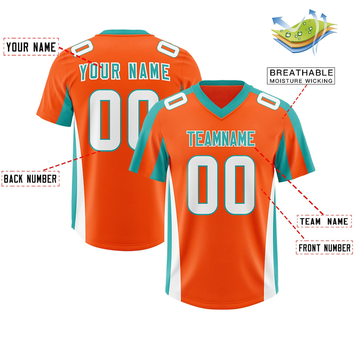 Custom Orange Aqua Side Stripe Pattern Authentic American Football Jersey