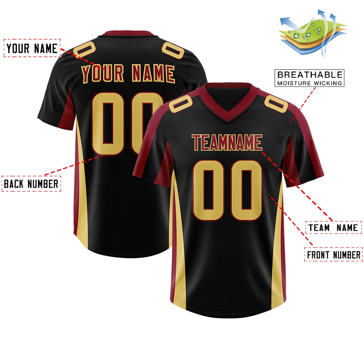 Custom Black Crimson Side Stripe Pattern Authentic American Football Jersey