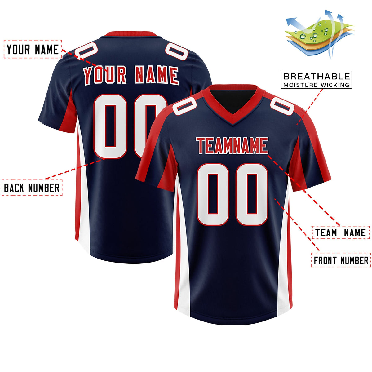 Custom Navy Red Side Stripe Pattern Authentic American Football Jersey