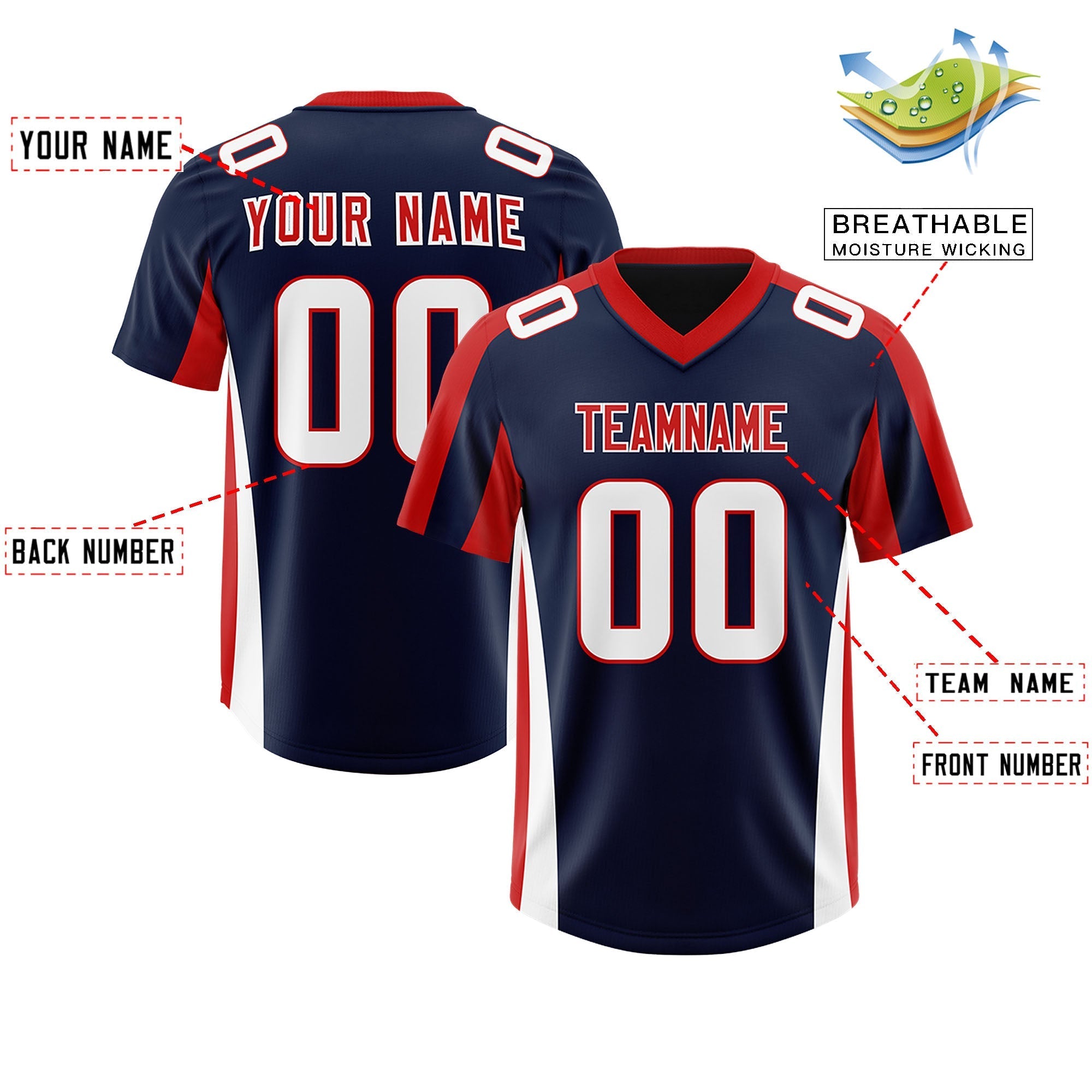 Custom Navy Red Side Stripe Pattern Authentic American Football Jersey