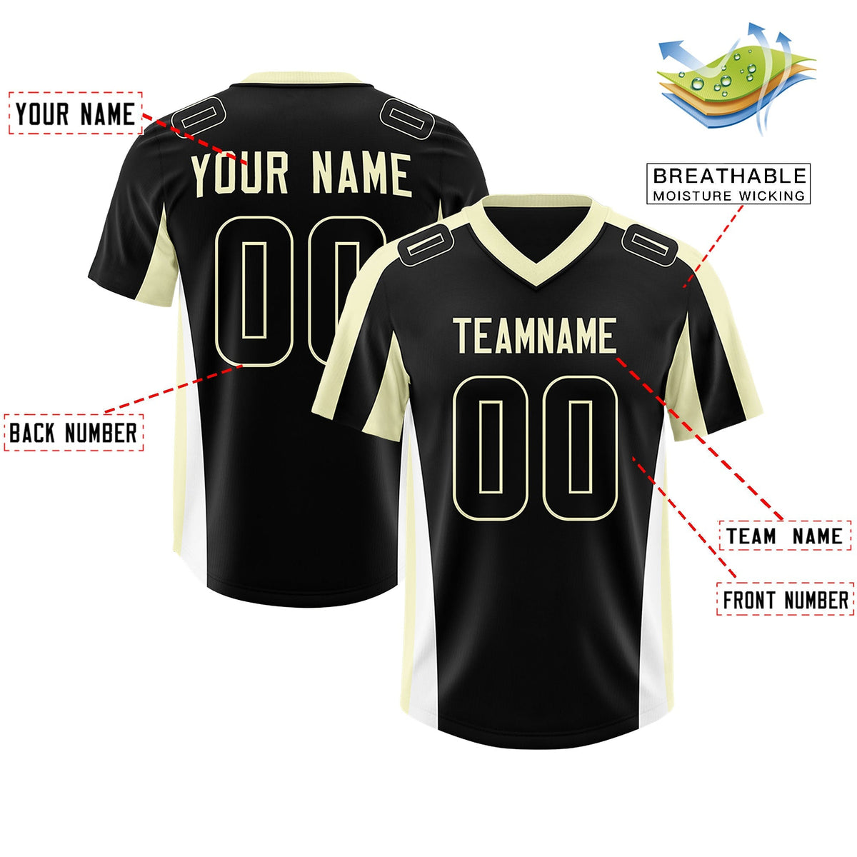 Custom Black Cream Side Stripe Pattern Authentic American Football Jersey