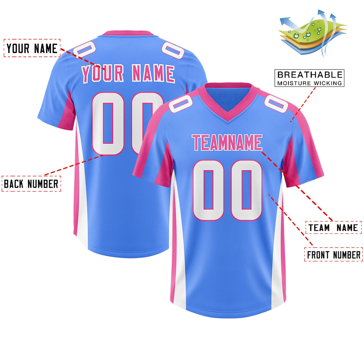 Custom Powder Blue Pink Side Stripe Pattern Authentic American Football Jersey