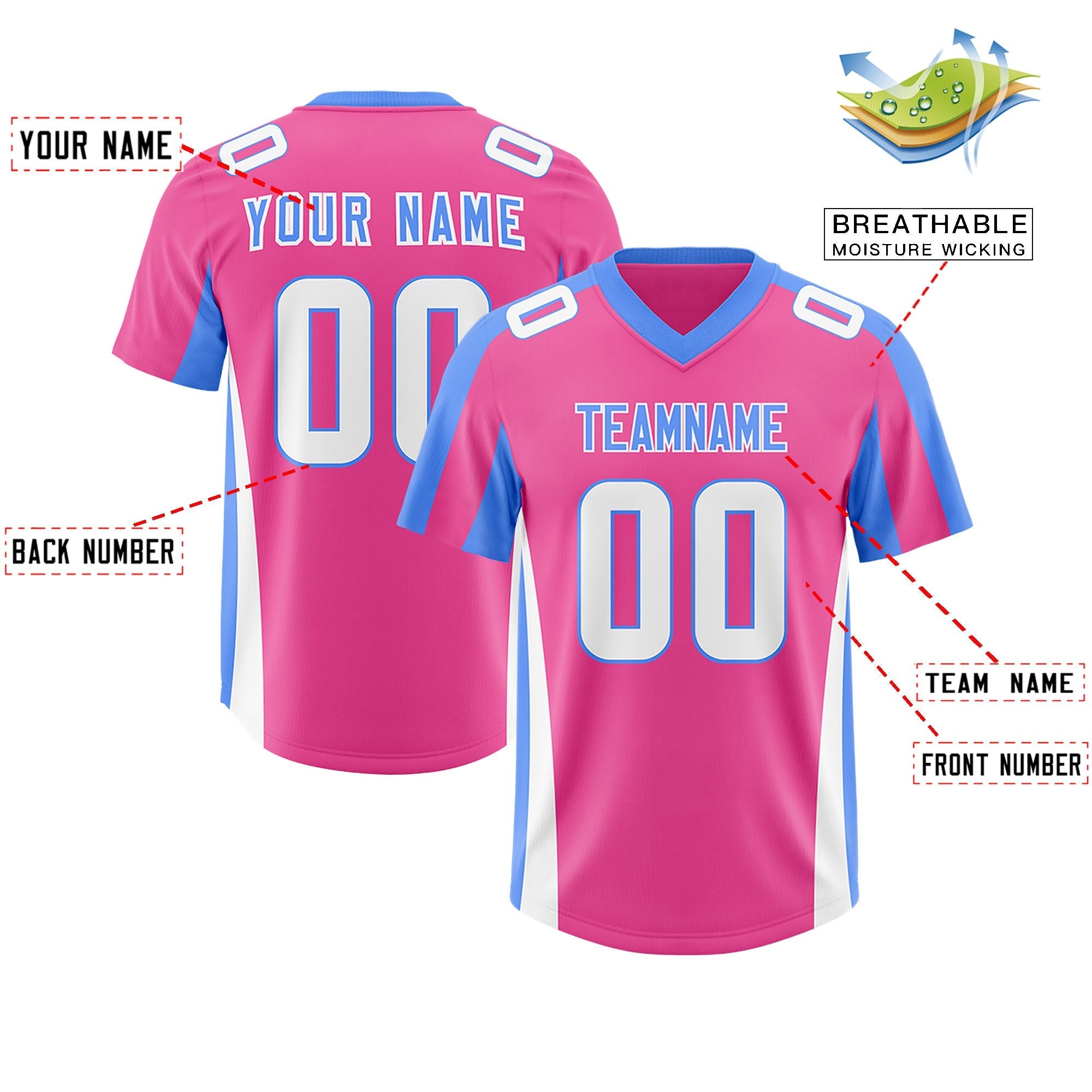 Custom Pink Powder Blue Side Stripe Pattern Authentic American Football Jersey