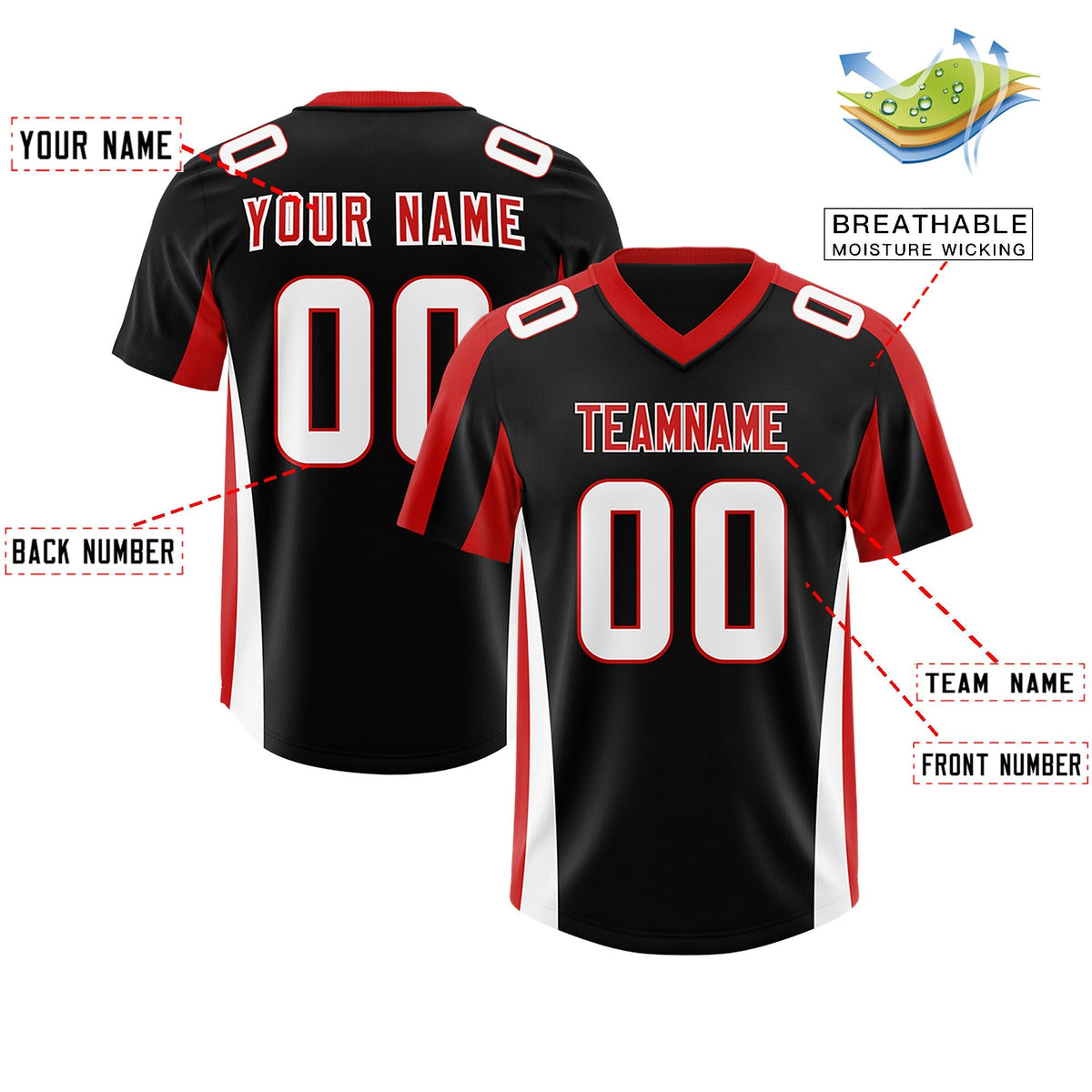 Custom Black Red Side Stripe Pattern Authentic American Football Jersey