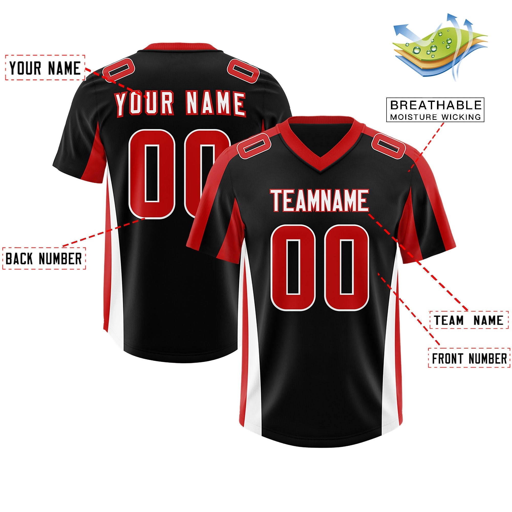 Custom Black Red Side Stripe Pattern Authentic American Football Jersey