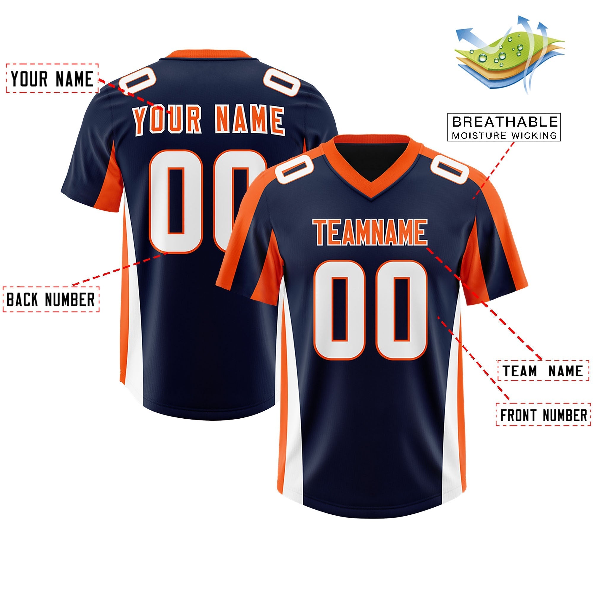 Custom Navy Orange Side Stripe Pattern Authentic American Football Jersey