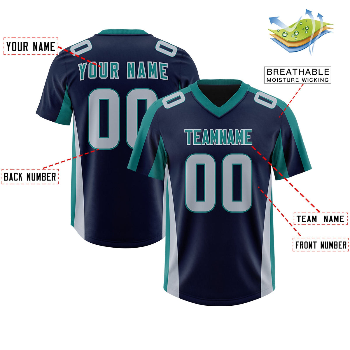 Custom Navy Aqua Side Stripe Pattern Authentic American Football Jersey