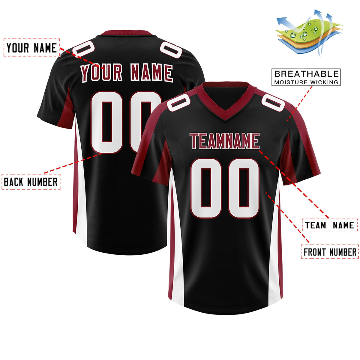 Custom Black Crimson Side Stripe Pattern Authentic American Football Jersey