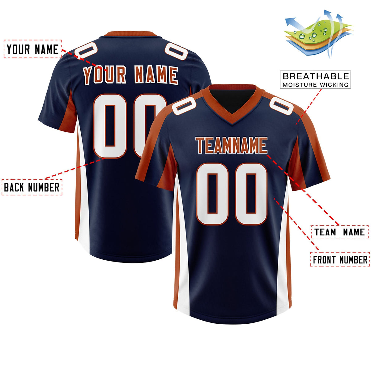 Custom Navy Texas Orange Side Stripe Pattern Authentic American Football Jersey