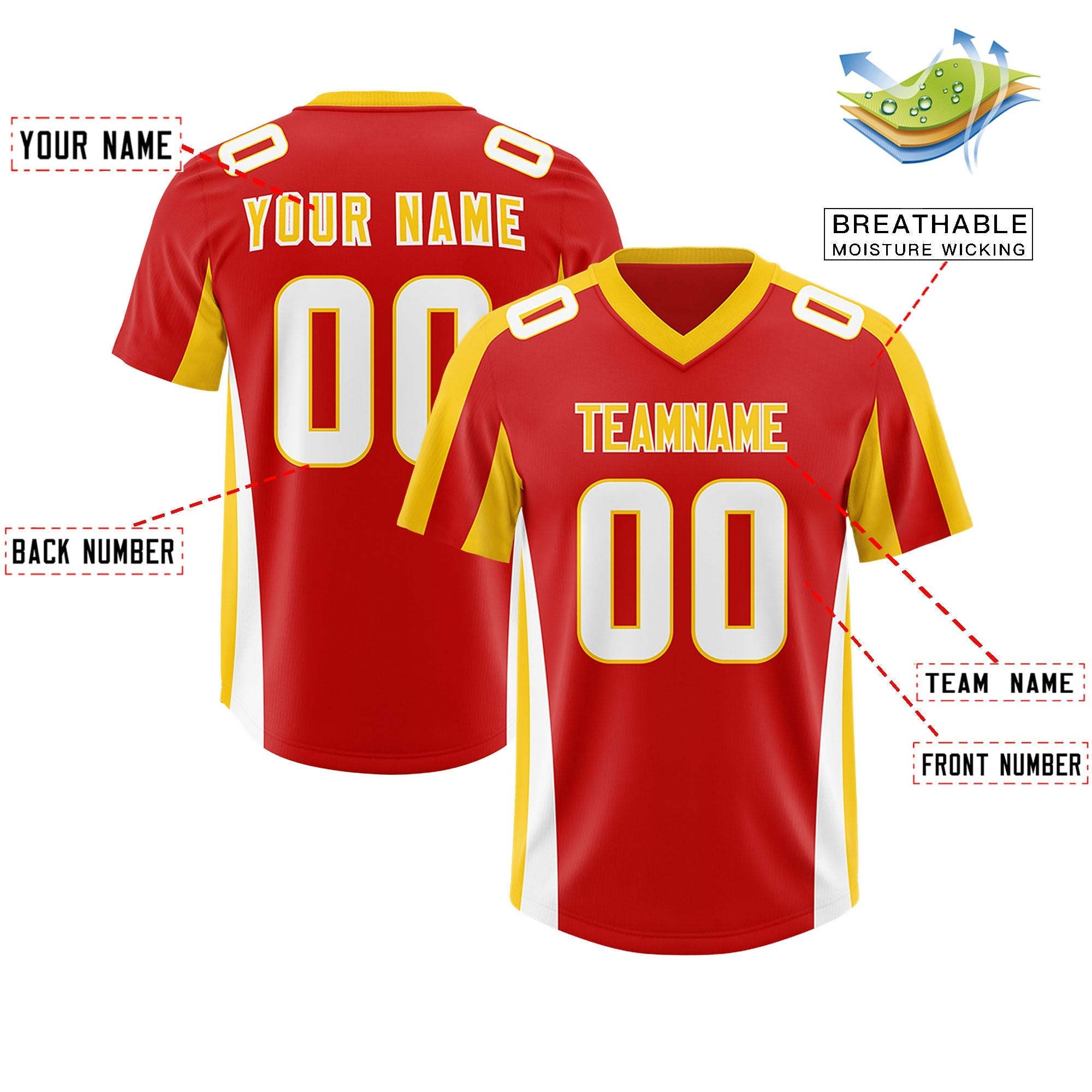 Custom Red Gold Side Stripe Pattern Authentic American Football Jersey