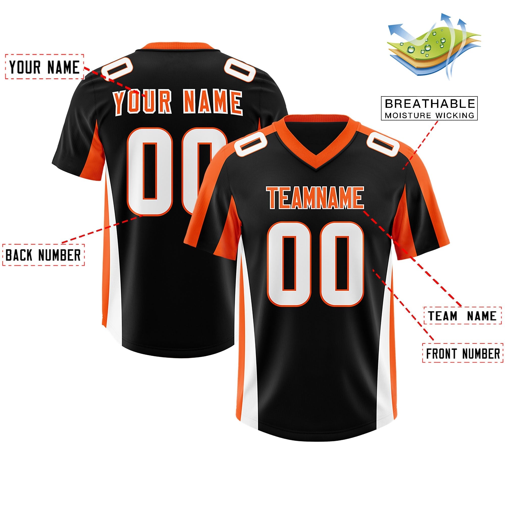 Custom Black Orange Side Stripe Pattern Authentic American Football Jersey