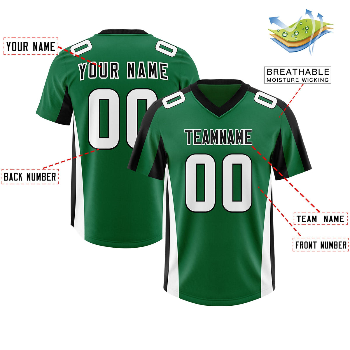 Custom Kelly Green Black Side Stripe Pattern Authentic American Football Jersey