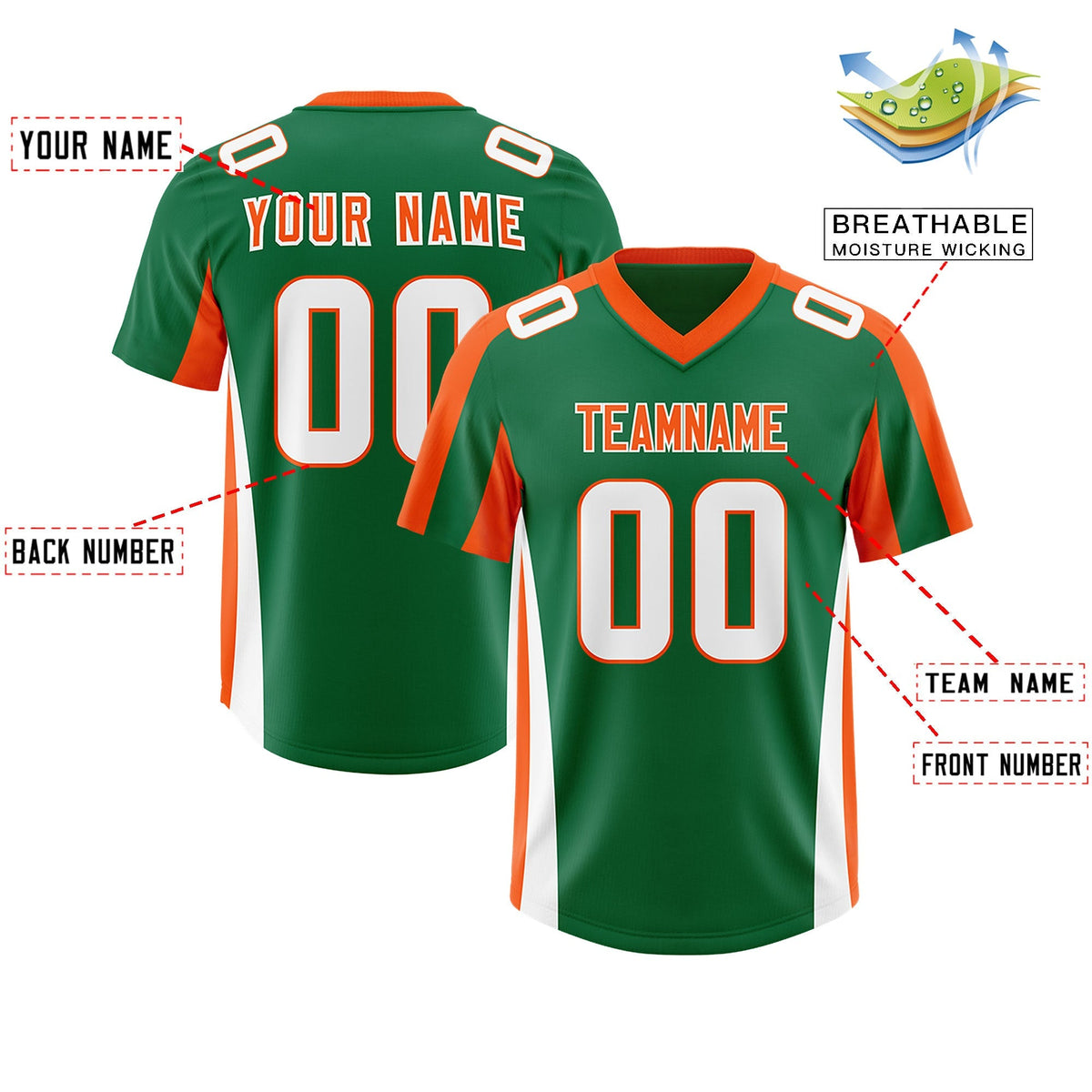 Custom Kelly Green Orange Side Stripe Pattern Authentic American Football Jersey