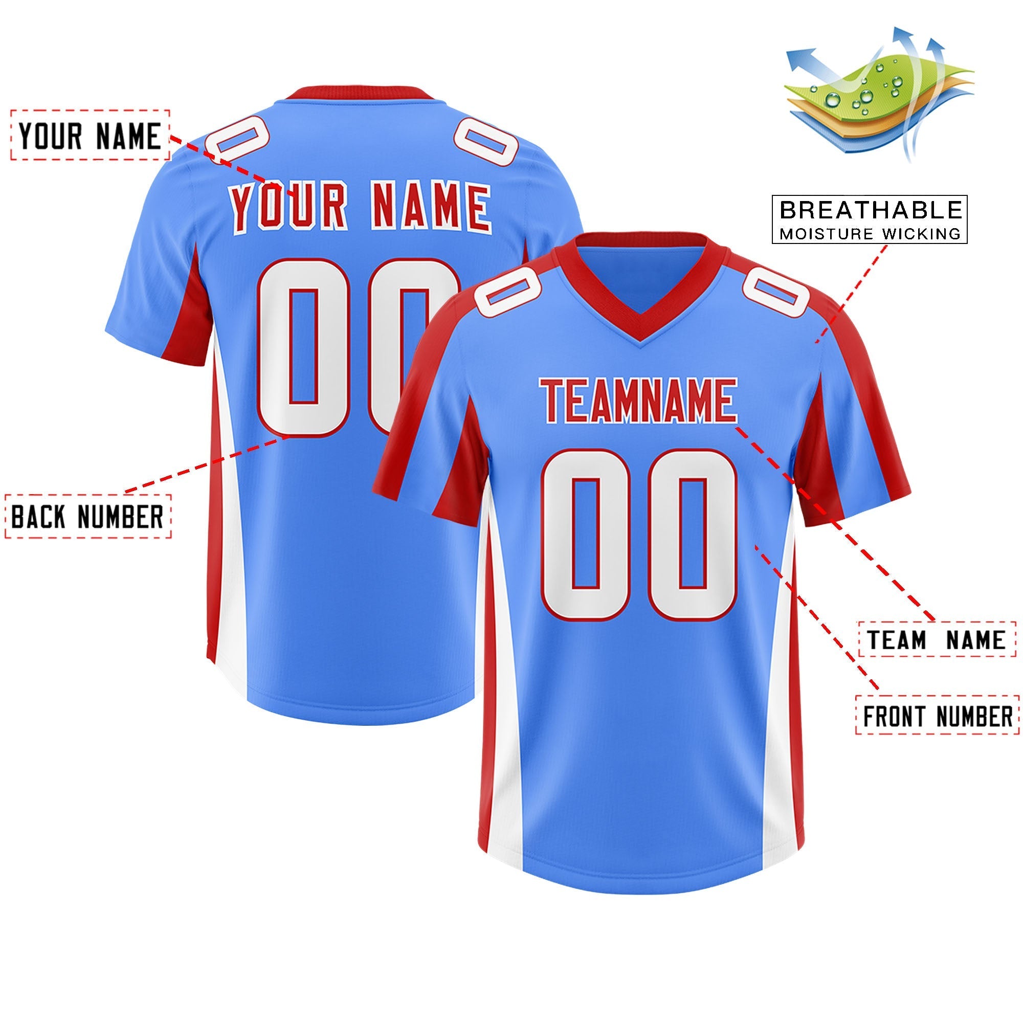Custom Powder Blue Red Side Stripe Pattern Authentic American Football Jersey