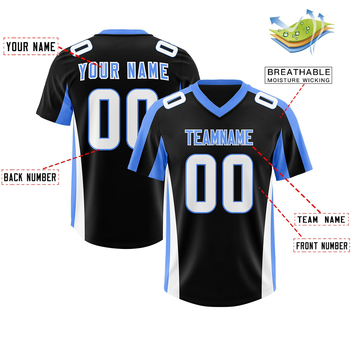Custom Black Powder Blue Side Stripe Pattern Authentic American Football Jersey
