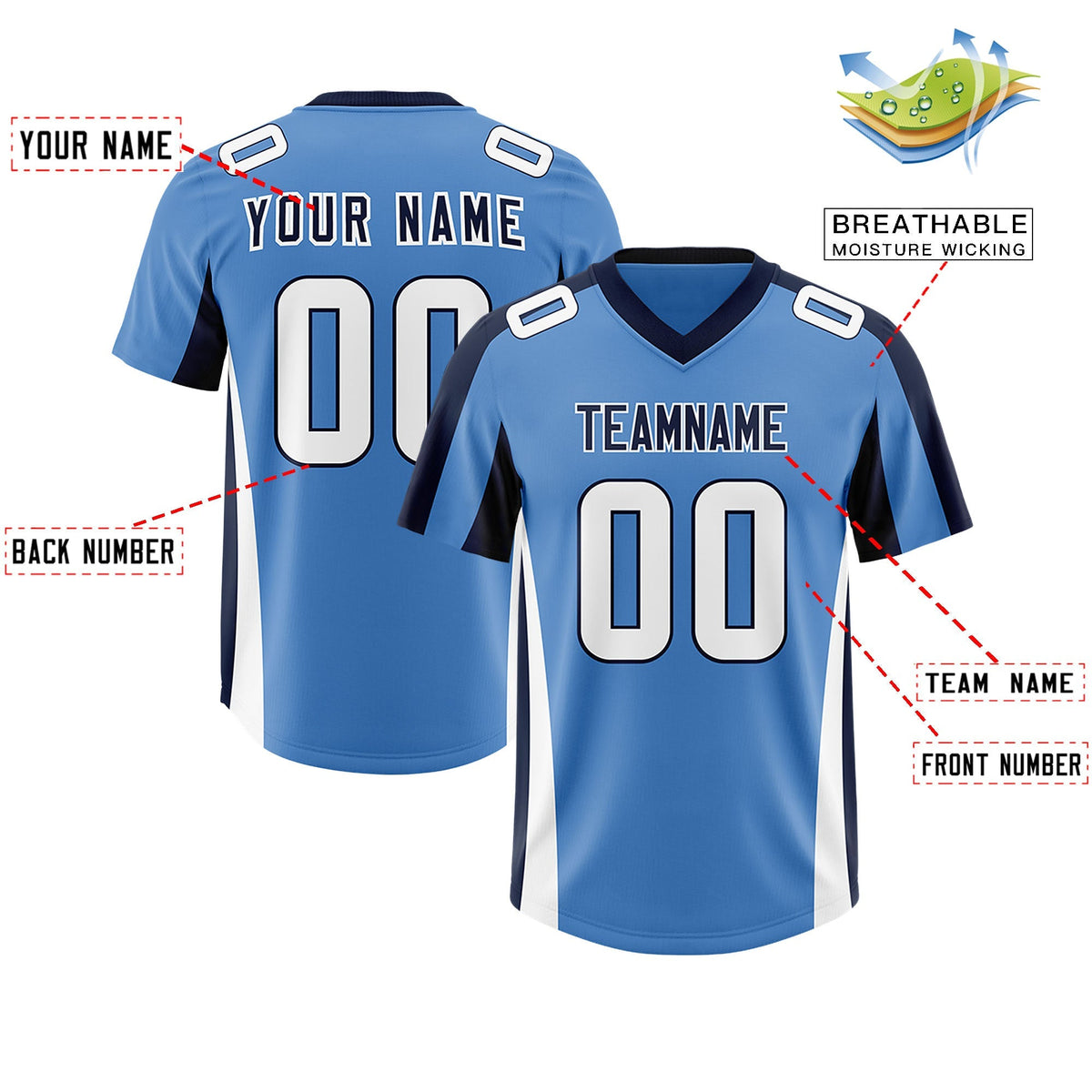 Custom Powder Blue Navy Side Stripe Pattern Authentic American Football Jersey