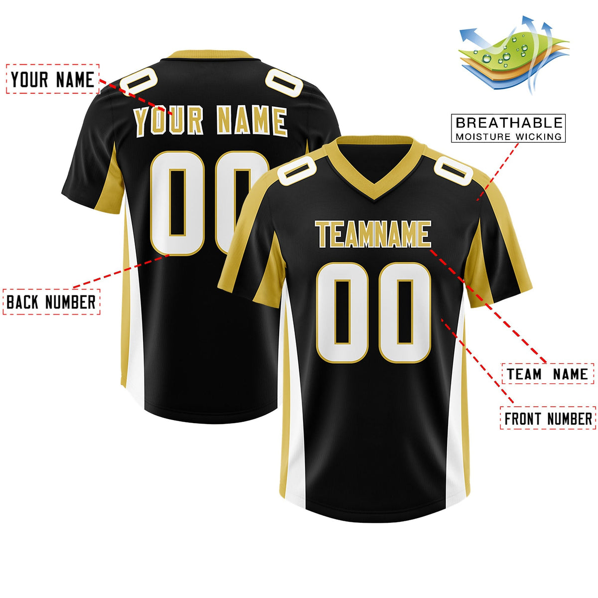 Custom Black Old Gold Side Stripe Pattern Authentic American Football Jersey