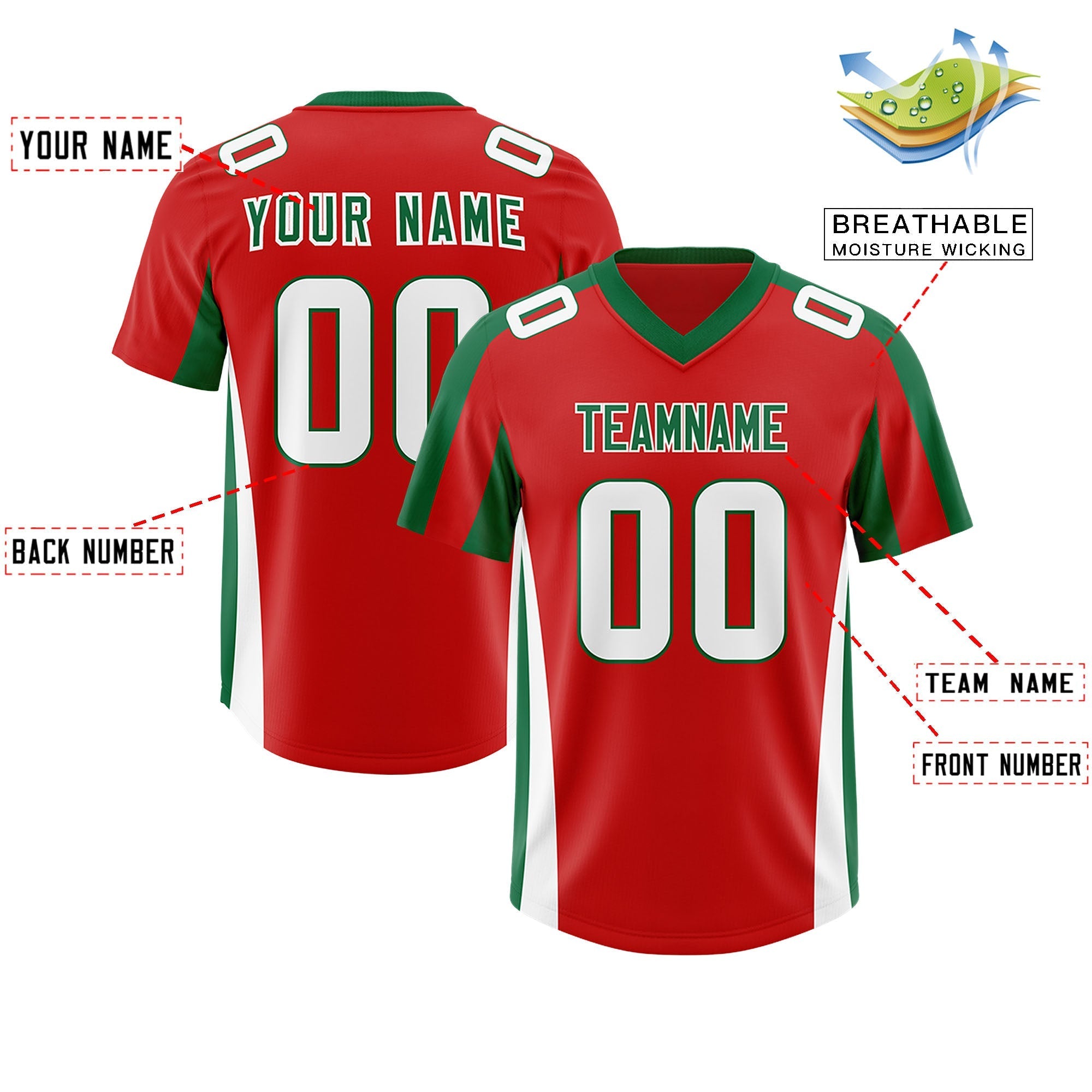 Custom Red Kelly Green Side Stripe Pattern Authentic American Football Jersey