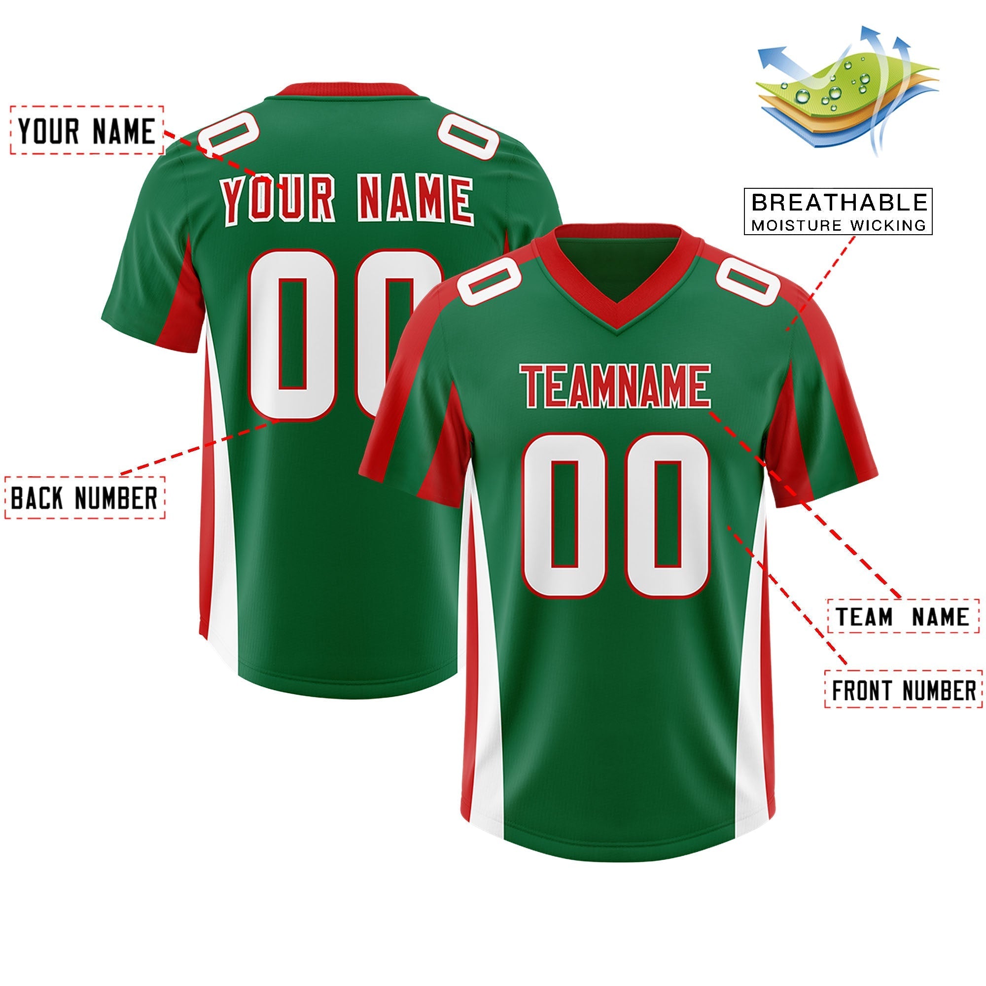 Custom Kelly Green Red Side Stripe Pattern Authentic American Football Jersey