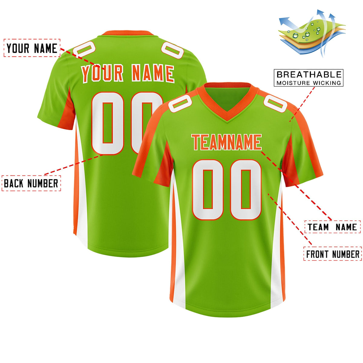 Custom Neon Green Orange Side Stripe Pattern Authentic American Football Jersey