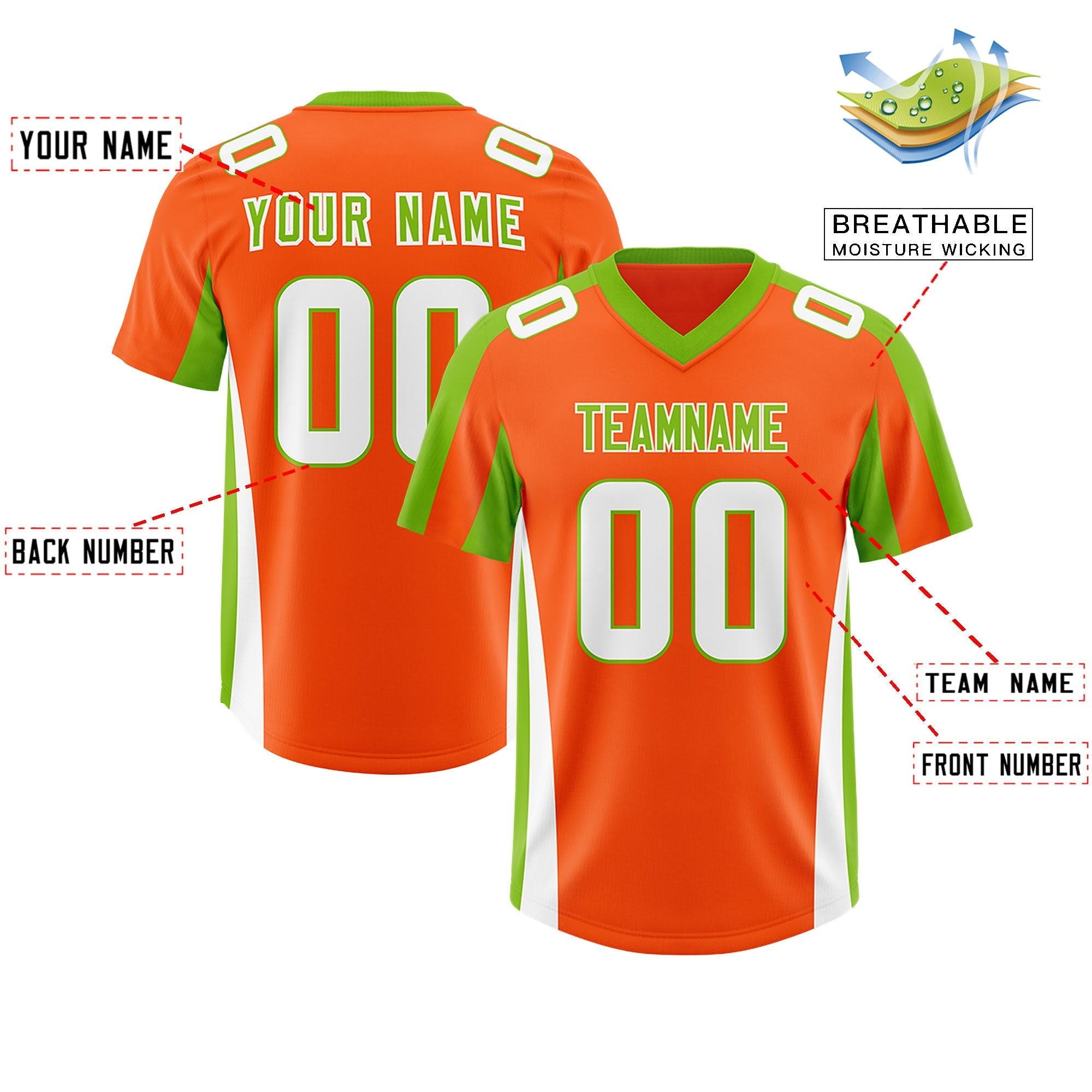 Custom Orange Neon Green Side Stripe Pattern Authentic American Football Jersey
