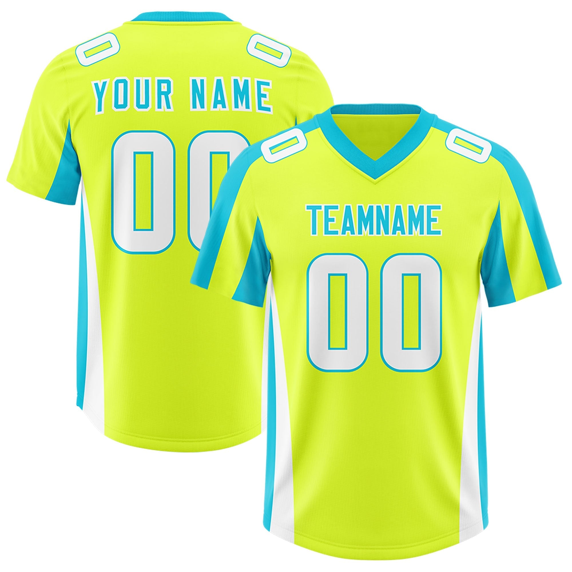 Custom Fluorescent Green Sky Blue Side Stripe Pattern Authentic American Football Jersey