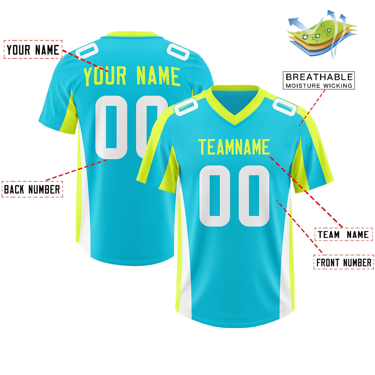 Custom Sky Blue Fluorescent Green Side Stripe Pattern Authentic American Football Jersey