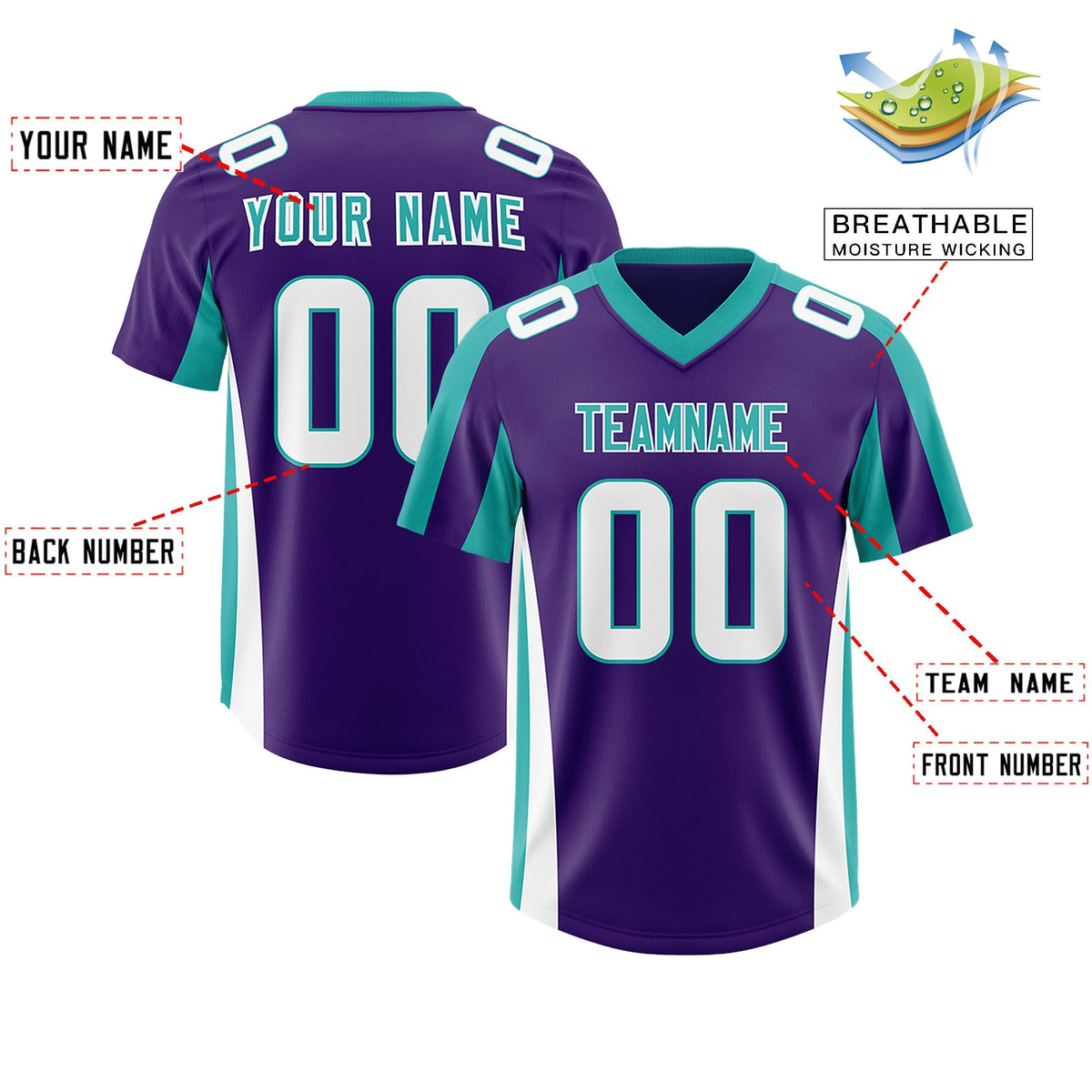 Custom Purple Aqua Side Stripe Pattern Authentic American Football Jersey
