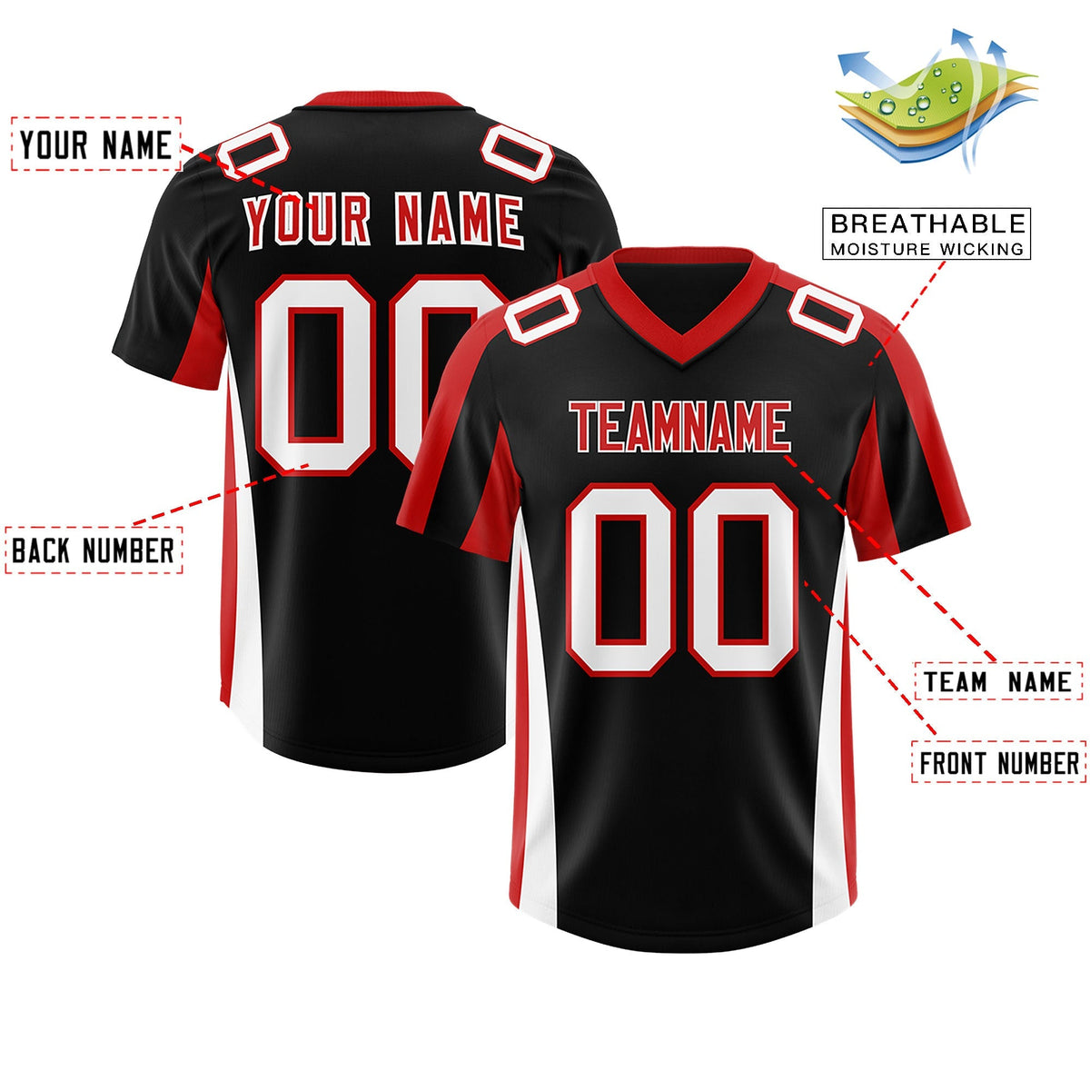 Custom Black Red Side Stripe Pattern Authentic American Football Jersey