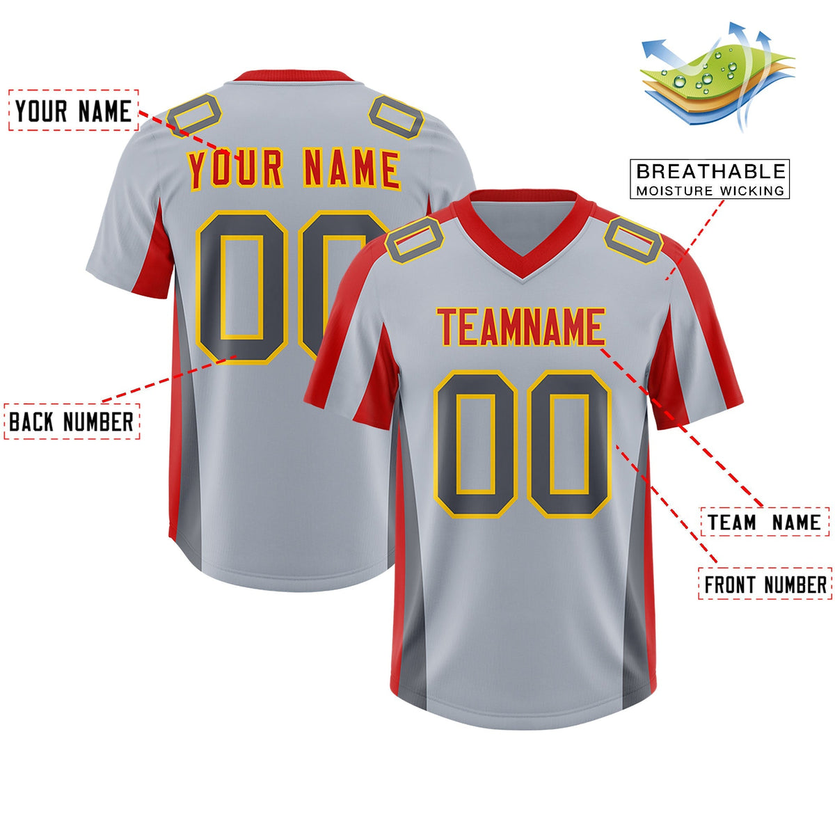 Custom Silver Red Side Stripe Pattern Authentic American Football Jersey