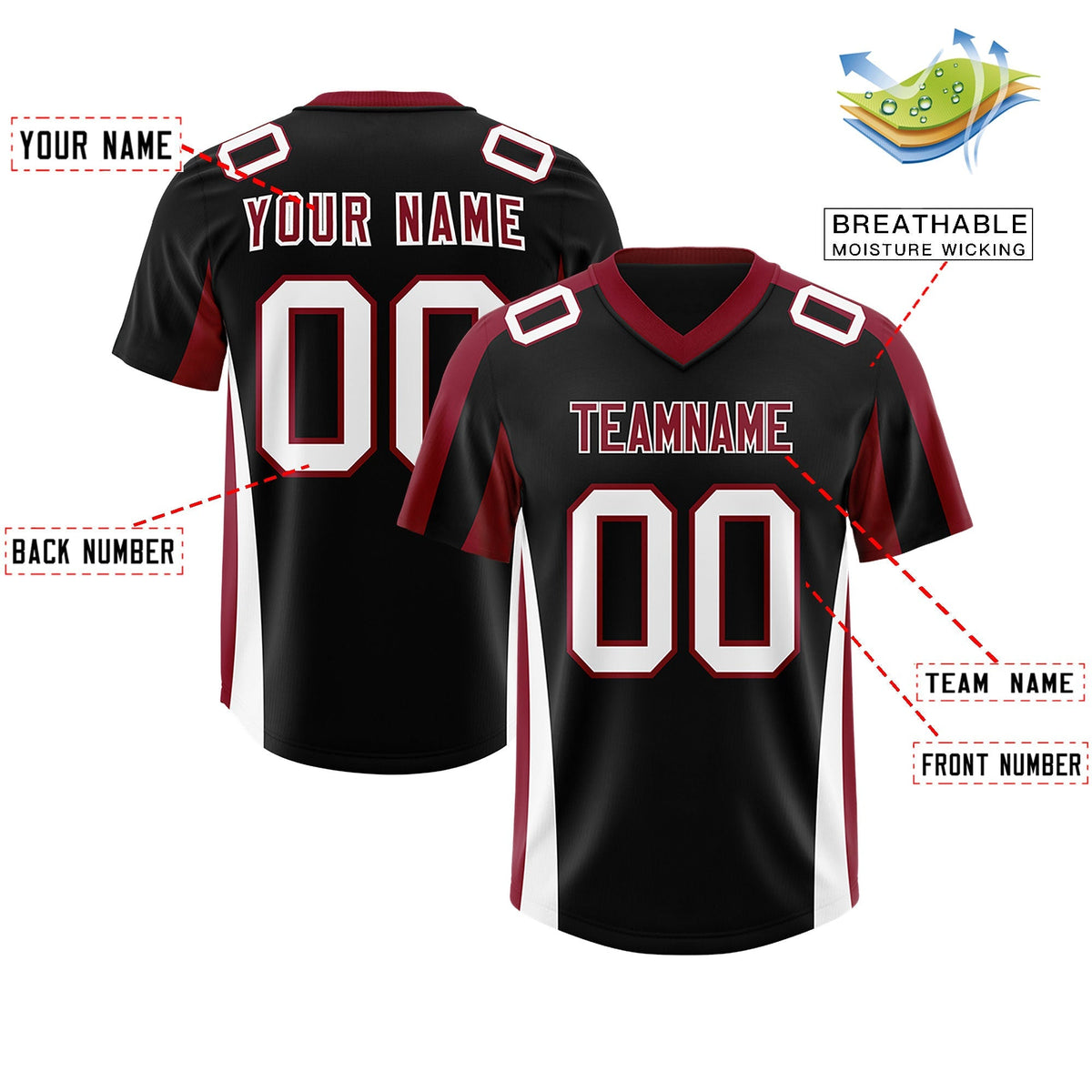 Custom Black Crimson Side Stripe Pattern Authentic American Football Jersey
