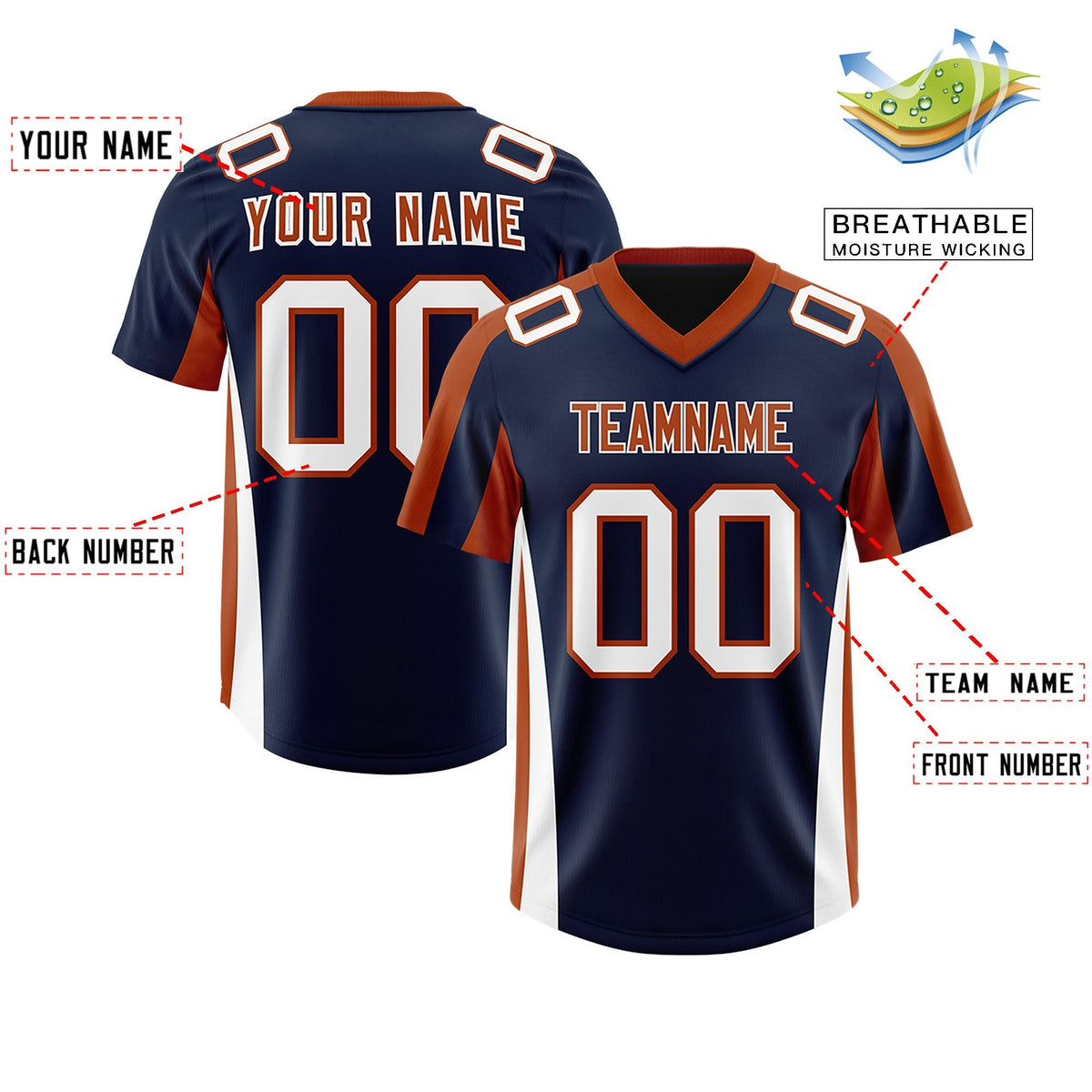 Custom Navy Texas Orange Side Stripe Pattern Authentic American Football Jersey