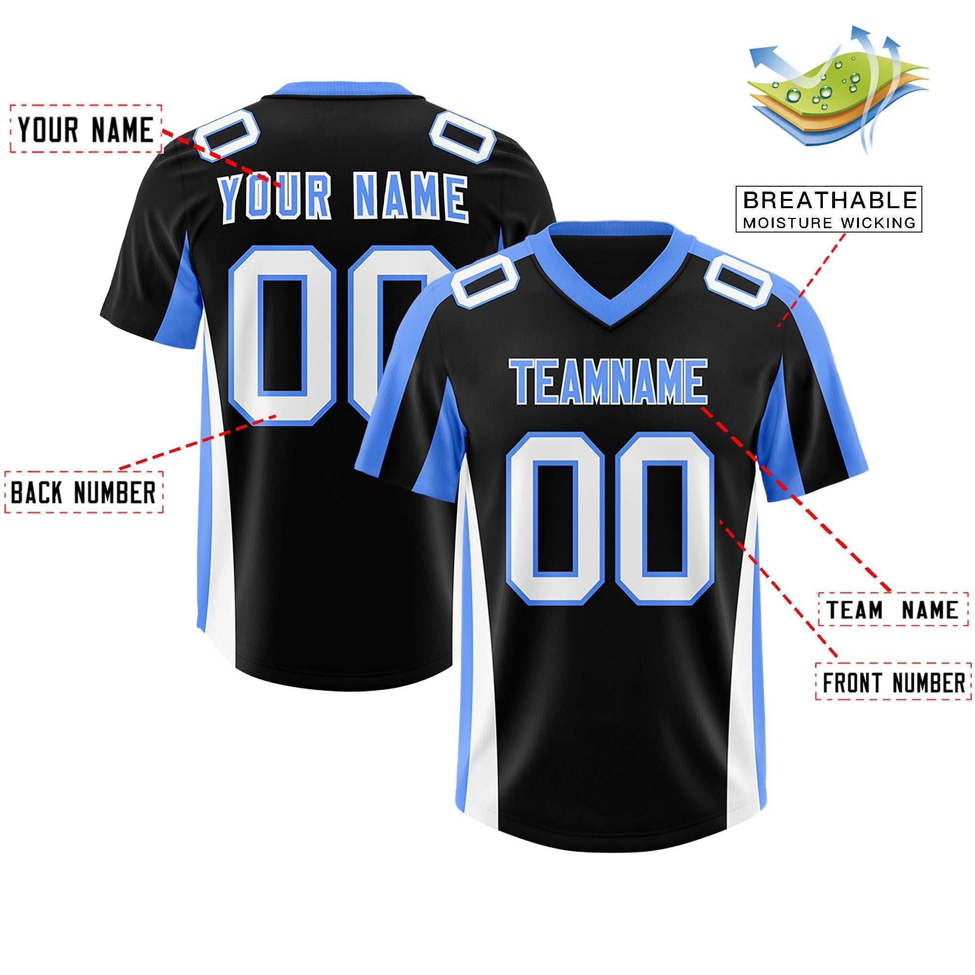 Custom Black Powder Blue Side Stripe Pattern Authentic American Football Jersey