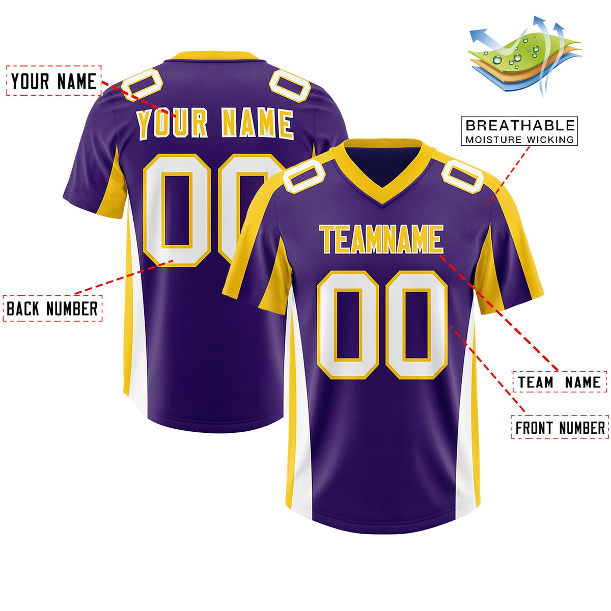 Custom Purple Gold Side Stripe Pattern Authentic American Football Jersey