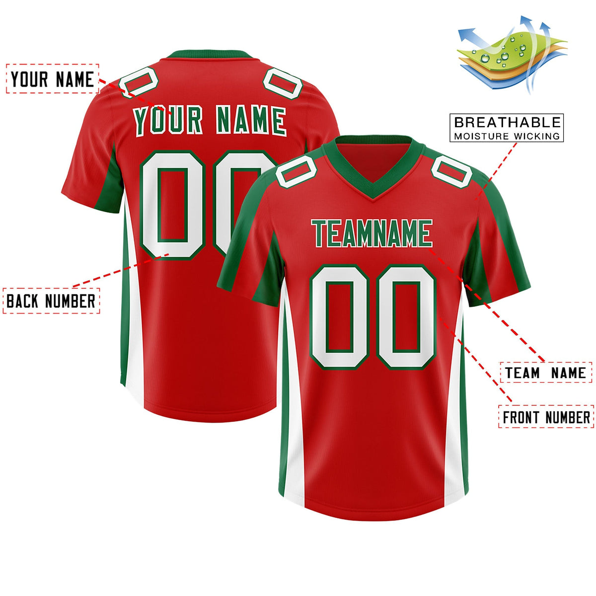 Custom Red Kelly Green Side Stripe Pattern Authentic American Football Jersey