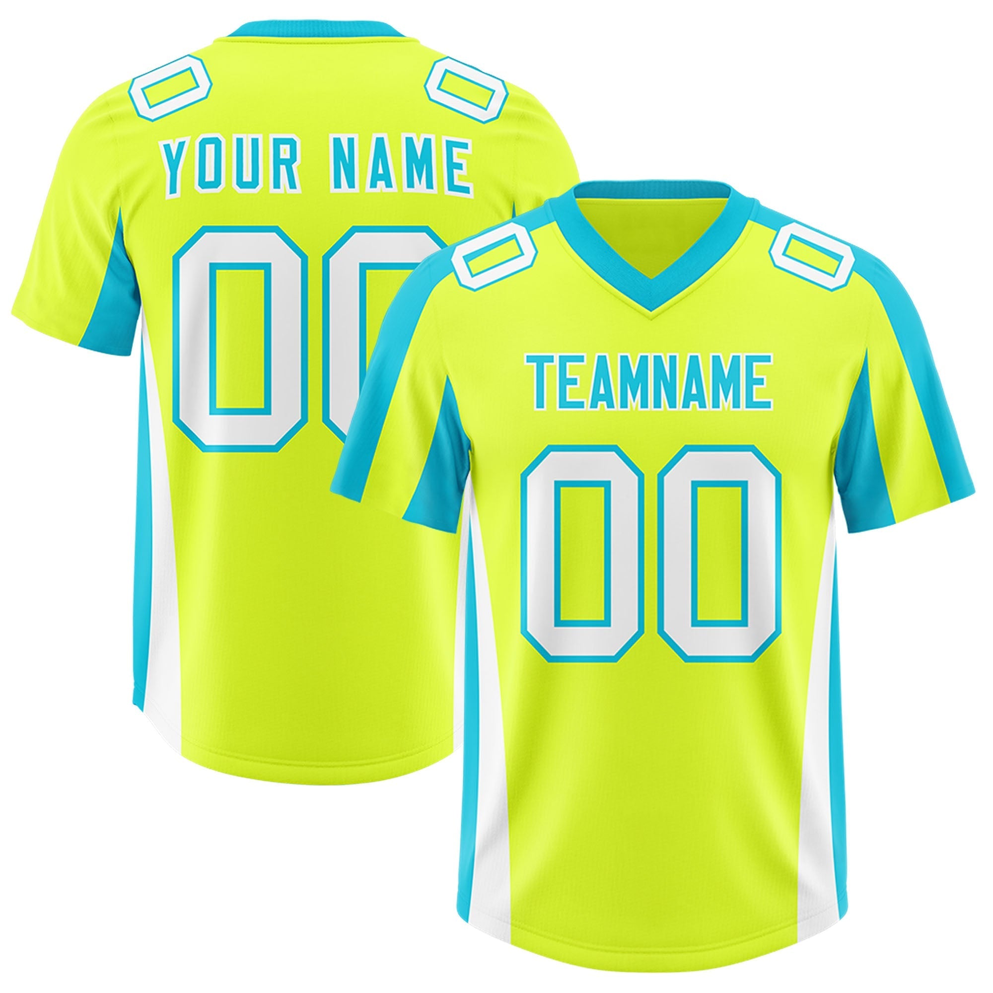 Custom Fluorescent Green Sky Blue Side Stripe Pattern Authentic American Football Jersey