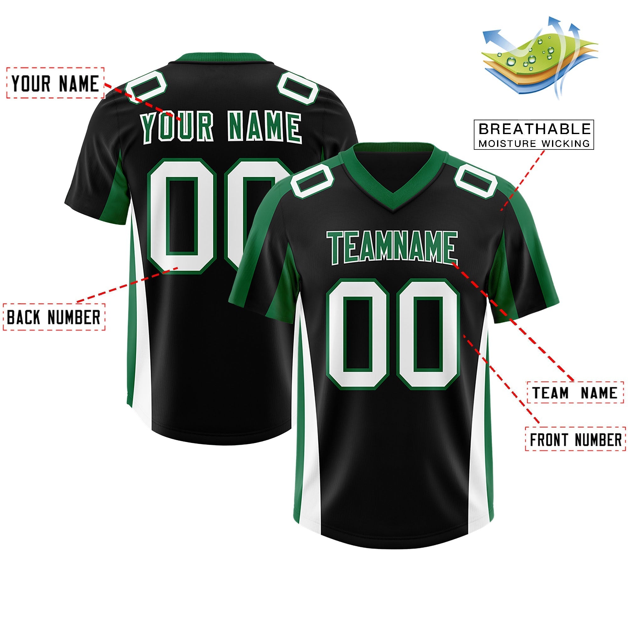 Custom Black Kelly Green Side Stripe Pattern Authentic American Football Jersey