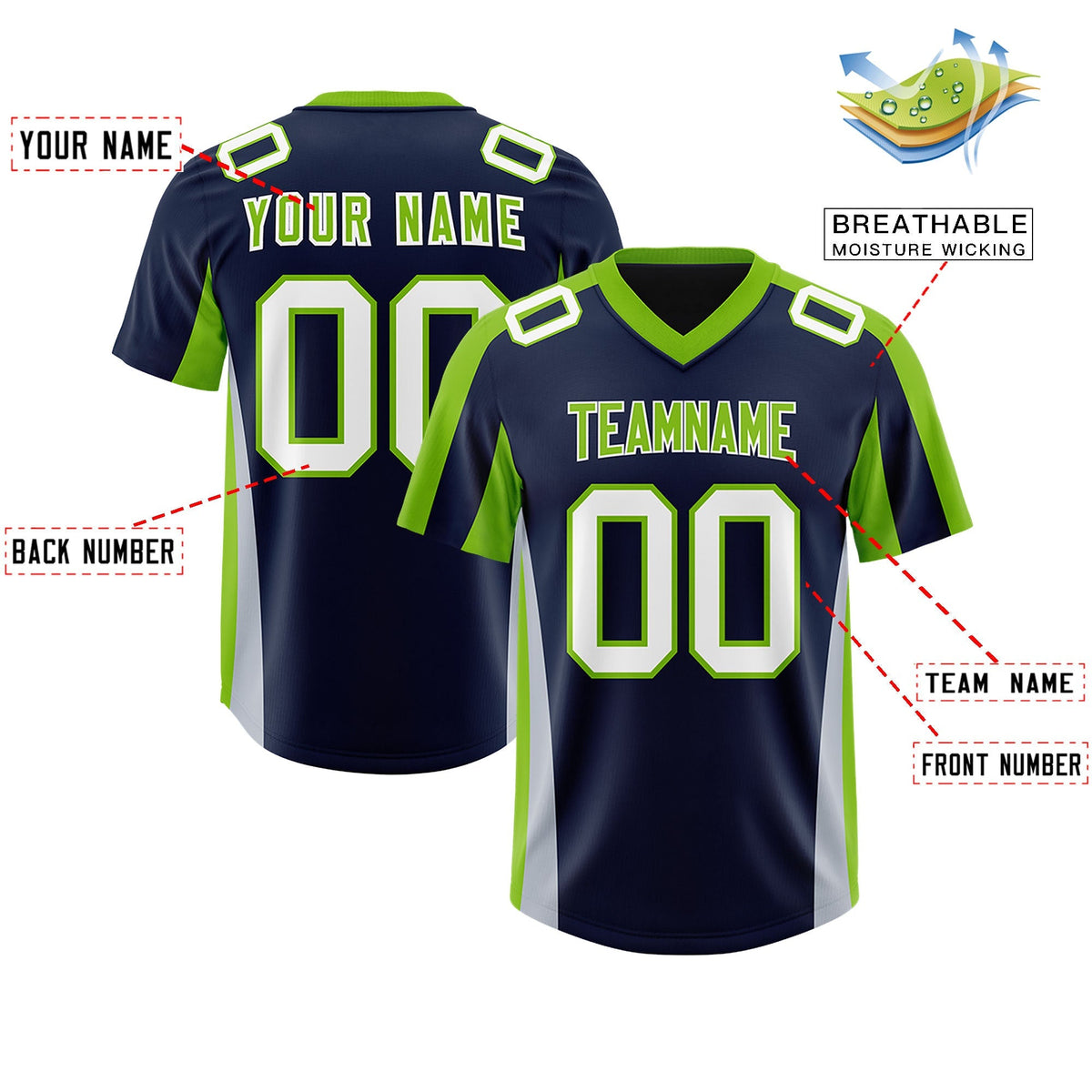 Custom Navy Neon Green Side Stripe Pattern Authentic American Football Jersey