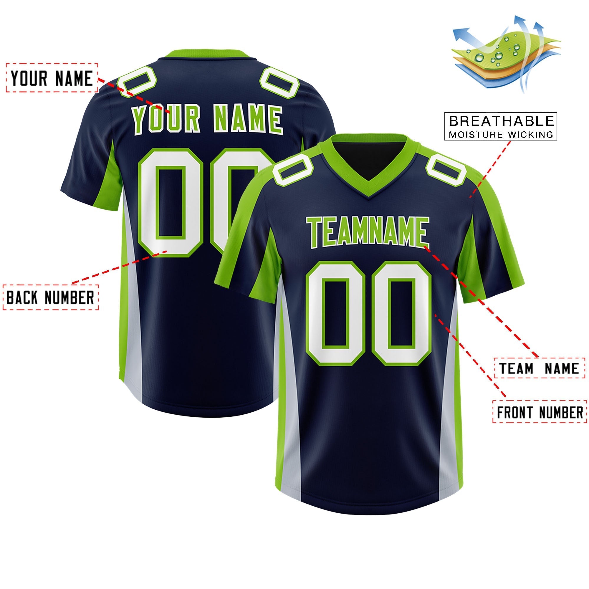 Custom Navy Neon Green Side Stripe Pattern Authentic American Football Jersey