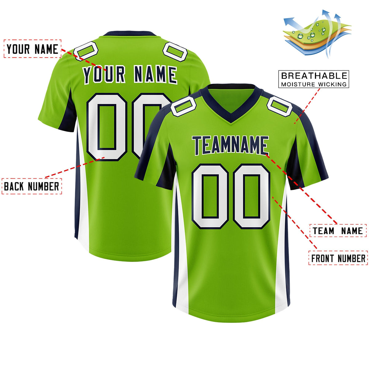 Custom Neon Green Navy Side Stripe Pattern Authentic American Football Jersey