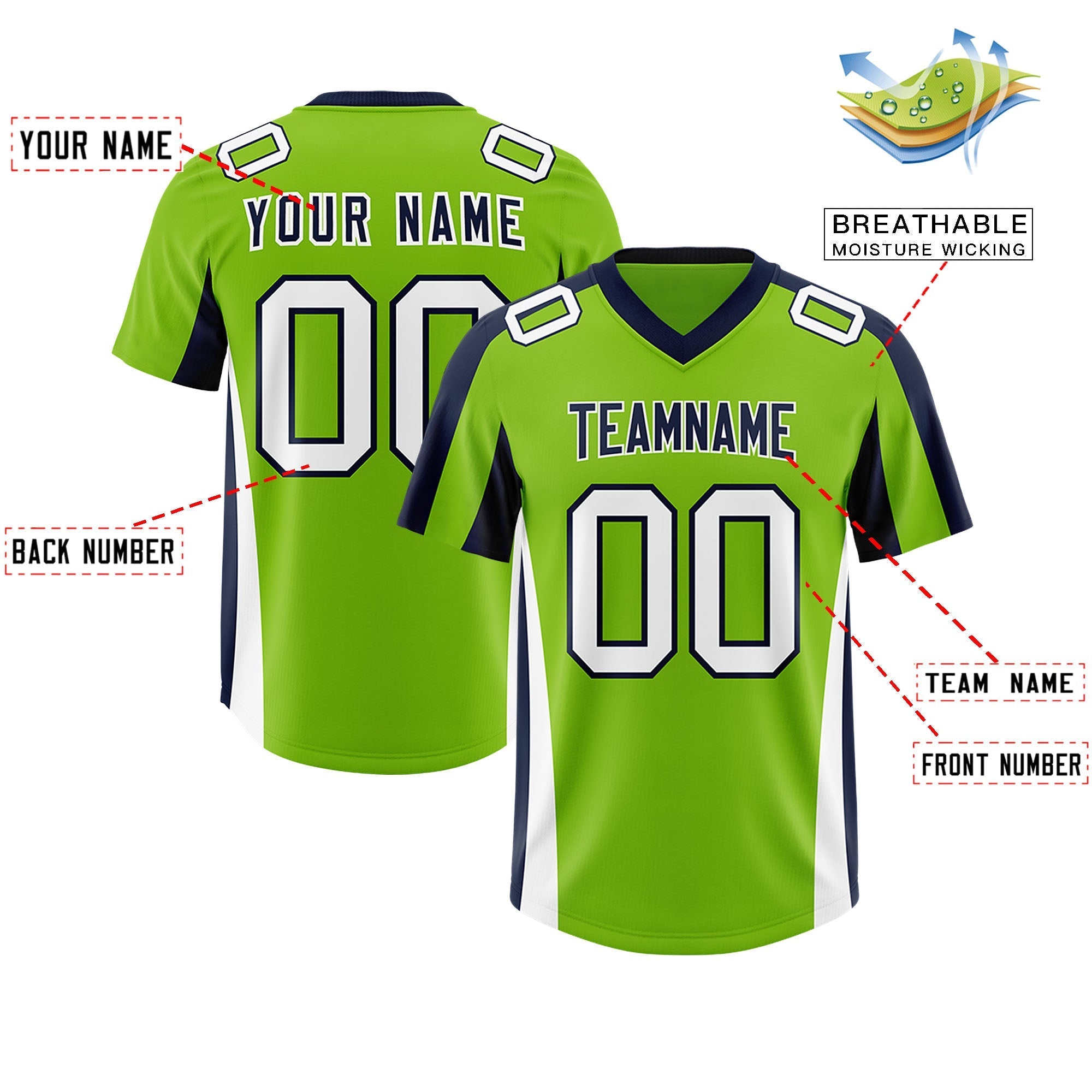Custom Neon Green Navy Side Stripe Pattern Authentic American Football Jersey