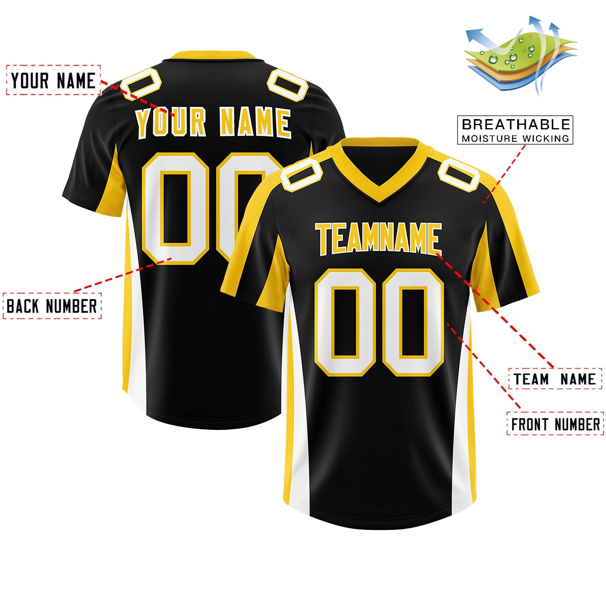 Custom Black Gold Side Stripe Pattern Authentic American Football Jersey