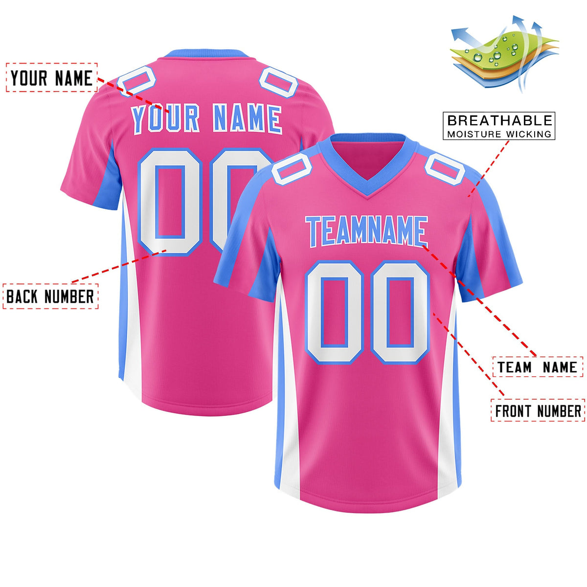 Custom Pink Powder Blue Side Stripe Pattern Authentic American Football Jersey