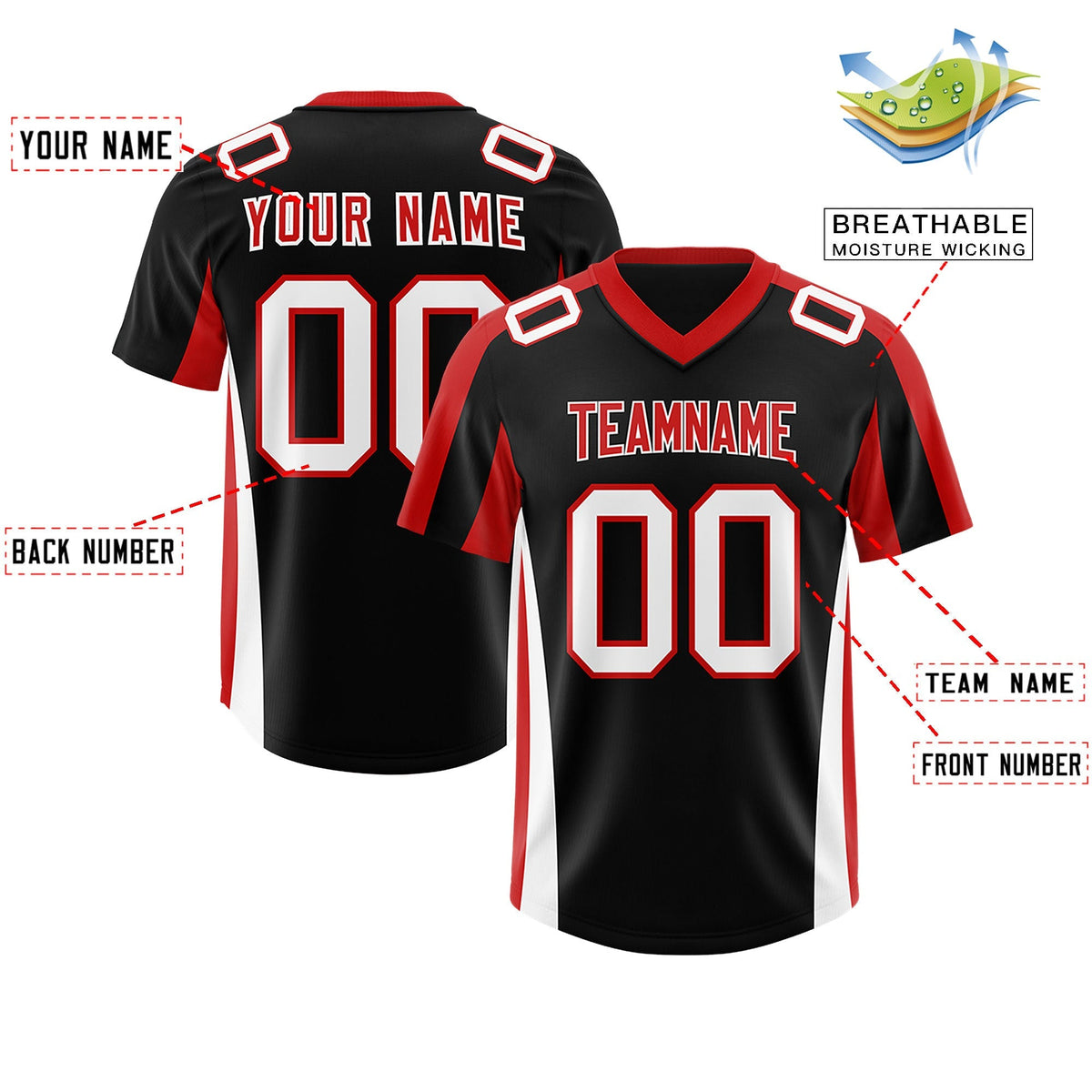 Custom Black Red Side Stripe Pattern Authentic American Football Jersey