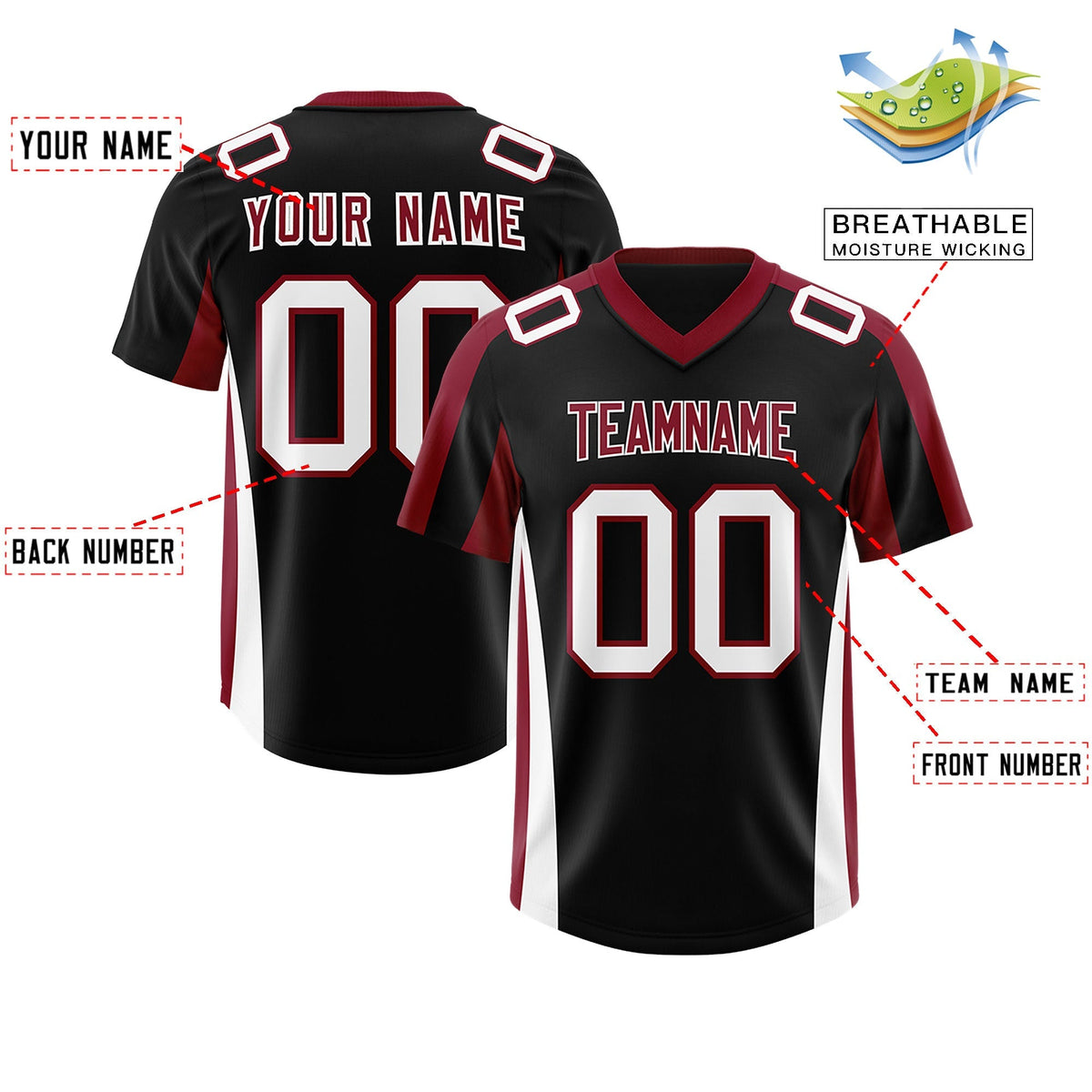 Custom Black Crimson Side Stripe Pattern Authentic American Football Jersey