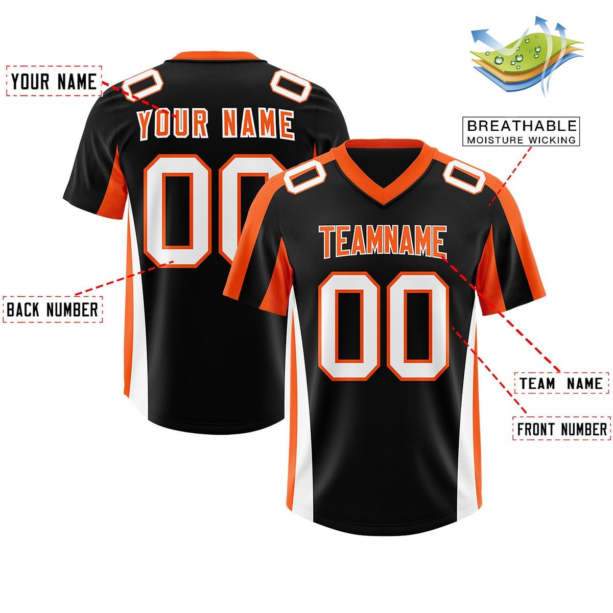 Custom Black Orange Side Stripe Pattern Authentic American Football Jersey