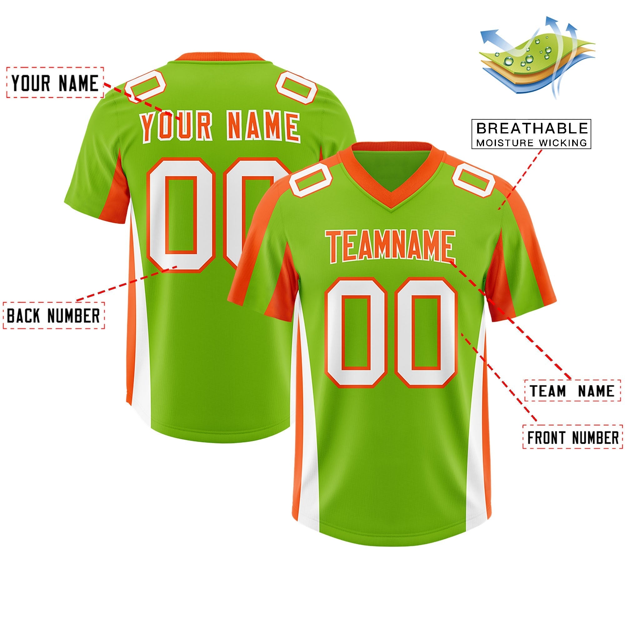 Custom Neon Green Orange Side Stripe Pattern Authentic American Football Jersey