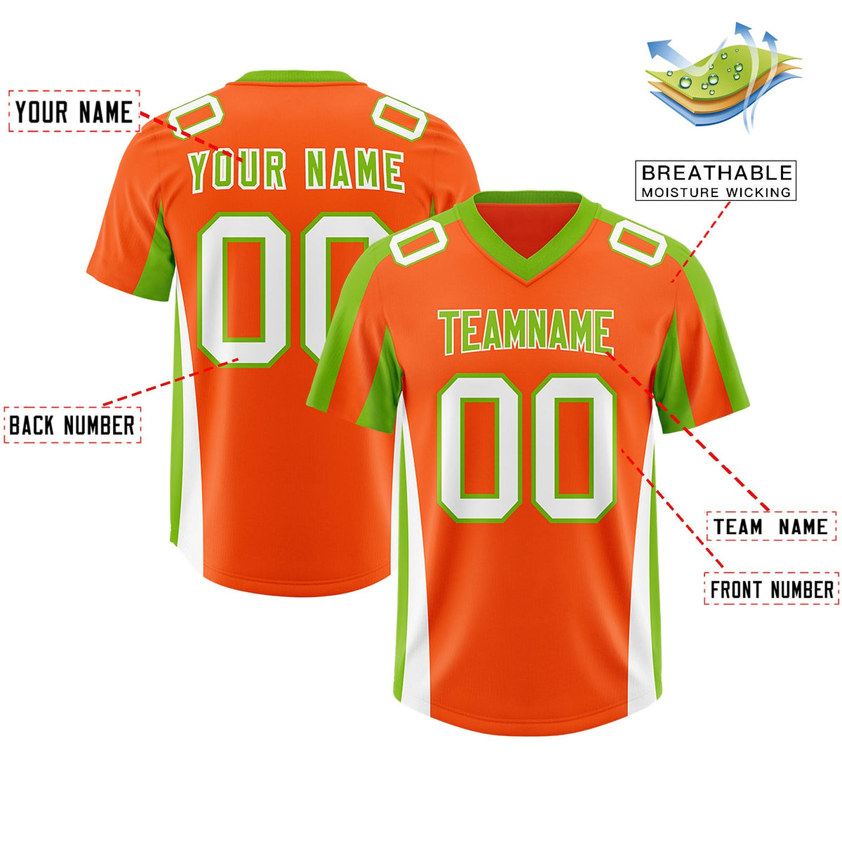 Custom Orange Neon Green Side Stripe Pattern Authentic American Football Jersey